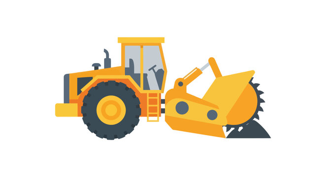 Yellow Trencher Excavator Machine Digging Trench on White Background - Vector Illustration