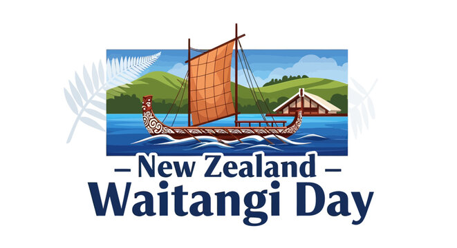 New Zealand Waitangi Day Sailing Canoe Illustration.
