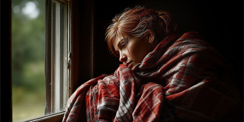 Naklejka premium Lady observes rain. Woman standing by window in countryside cabin observes rainy scenery outside