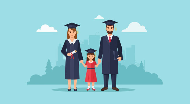 Family Graduation Celebration: Parents and Child in Caps and Gowns with Diplomas