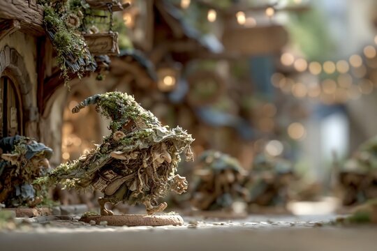 Detailed Miniature Forest Gnomes with Mossy Hats Walking Through an Enchanted Village Path