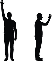 Fototapeta premium Two human silhouette figures standing with raised arms in different postures, one front view and one side profile gesture illustration