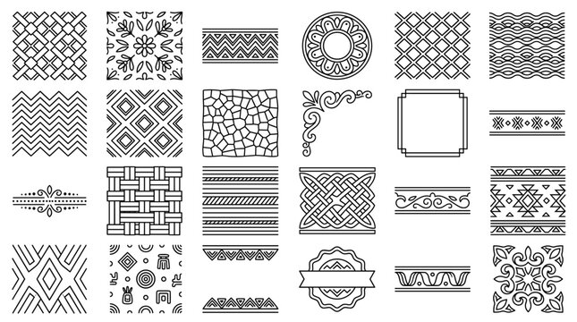 Black and white ethnic pattern collection with geometric borders, tribal ornaments, textile motifs and decorative seamless design elements