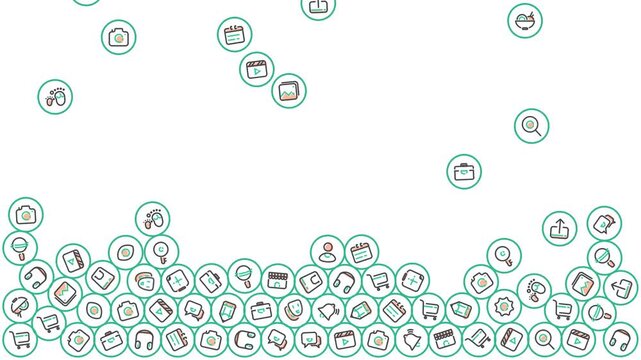 Animated lifestyle Icons Falling and Piling Up on light Background in 4K for presentation