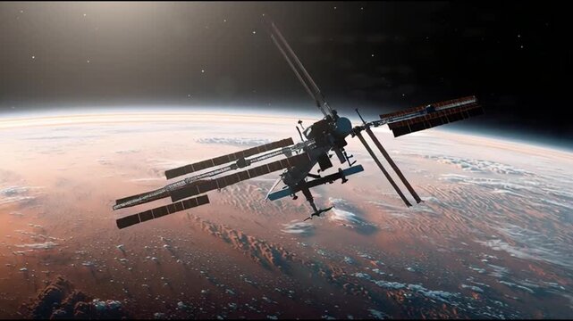 Cinematic Space Station Orbiting a Red Planet in Deep Space