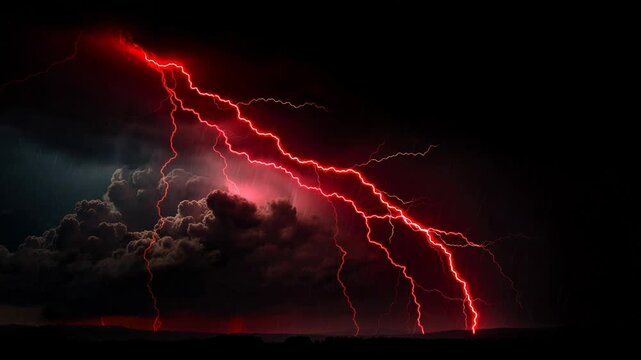 Fierce storm with vibrant red lightning striking through dark heavy clouds dramatic weather scene