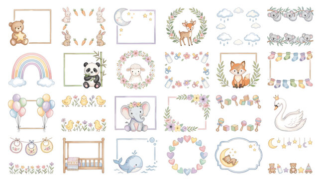 Cute baby nursery frame and border collection with teddy bears rainbows flowers swans clouds cribs balloons and pastel decorative elements