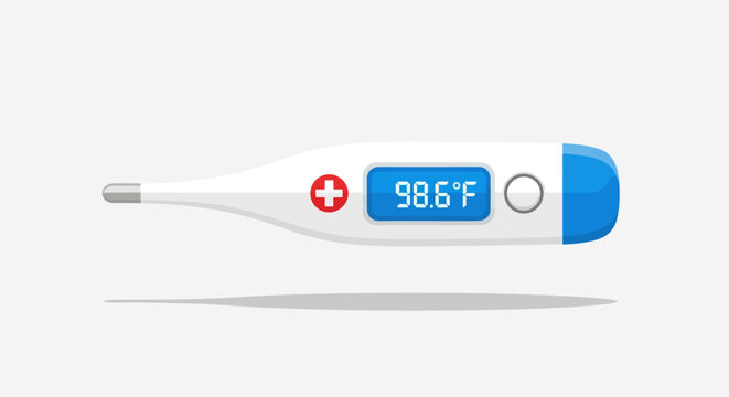 Digital Thermometer Showing 98.6 Degrees Fahrenheit on White Background