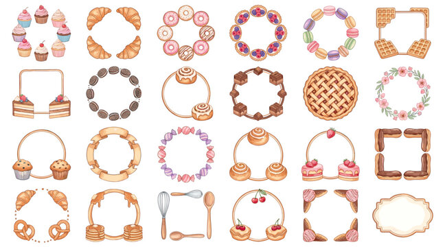 Cute bakery frame and dessert border collection with cupcakes cookies candies waffles donuts floral wreaths ribbons and sweet decorative labels