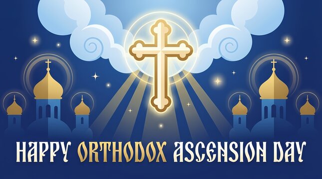 Happy orthodox ascension day greeting card with golden cross and church domes