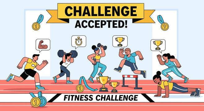 Fitness Challenge Accepted! People Exercising, Running, Lifting Weights, Hurdles, Medals, Trophies