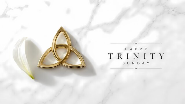 Golden triquetra symbol on white marble background for trinity sunday