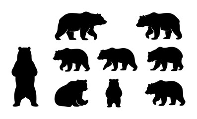 Black Bear Silhouettes Collection, Wildlife Animal Poses Vector Set, Nature Forest Mammal Graphic Elements © Omar