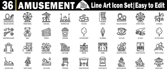 Amusement park line art icon set for theme park carnival attractions.