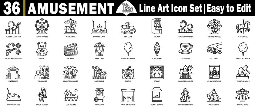 Amusement park line art icon set for theme park carnival attractions.
