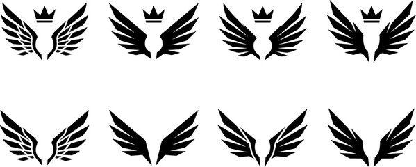 Obraz premium Collection of abstract wing logo vector icons featuring crowned angel feather emblems in black silhouette design style.