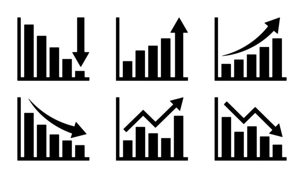 Business Growth and Decline Bar Charts, Upward and Downward Trend Icons, Financial Data Visualization Set, Stock Market Performance Graphs