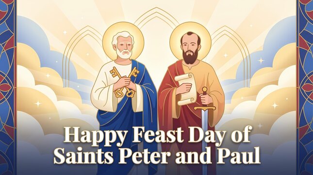 Happy feast day of saints peter and paul illustration with religious icons of the two apostles holding keys and a sword