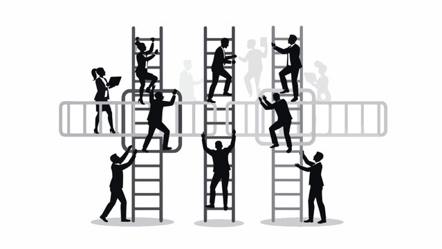 Silhouettes of people on ladders working.