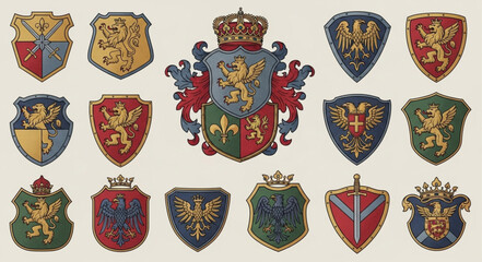 Collection of ornate heraldic crests and shields with lions and crowns. © Sandir