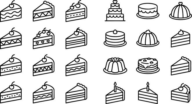 Collection of cake slice and dessert vector icons featuring bakery sweets pastry illustrations in minimalist black outline style isolated set.