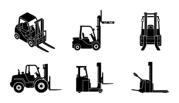 Forklift Icons Set, Industrial Vehicle Silhouettes, Warehouse Equipment Vector Graphics, Material Handling Machine Illustrations