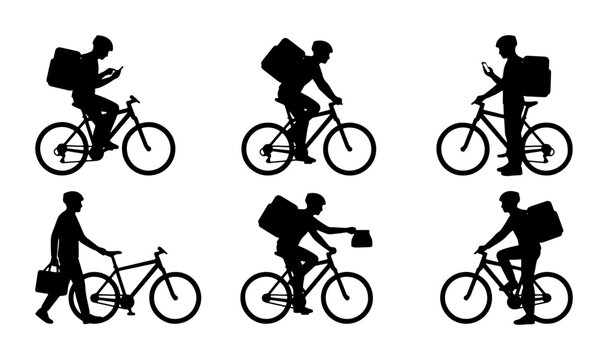 Delivery Cyclist Silhouettes, Bicycle Courier Icons, Food Delivery Service Vector Set, Urban Transportation Graphics
