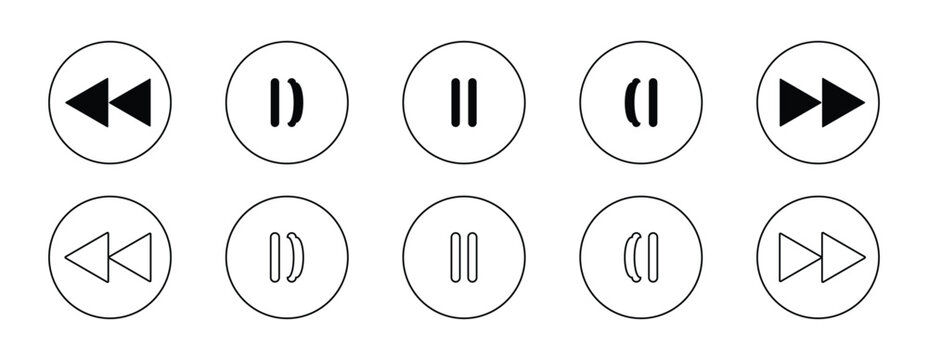 Set of media player button icons. Pause icon, repeat icon, resume icon, play icon. Vector illustration.