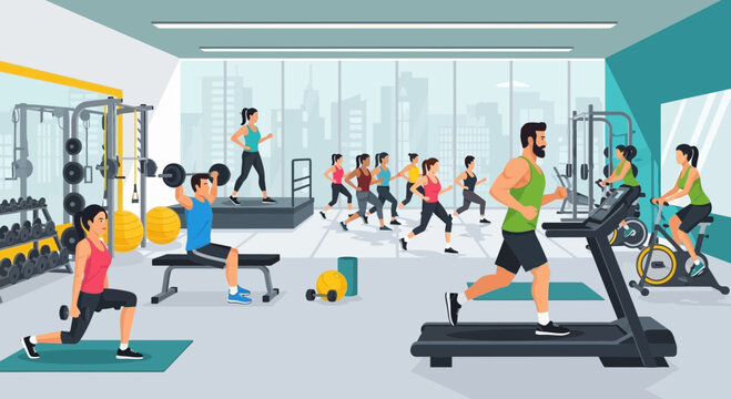 Diverse people exercising in a modern, bright gym with various equipment and group classes.