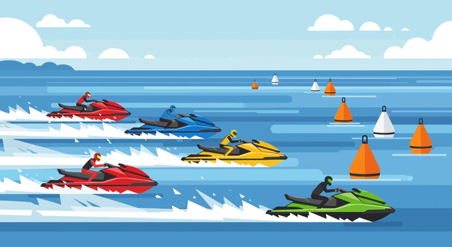 Jet Ski Race Competition on Blue Water with Buoys and Sky Background