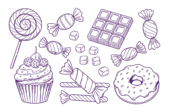Collection of hand drawn sweet treats including a lollipop cupcake chocolate bar and assorted wrapped candies