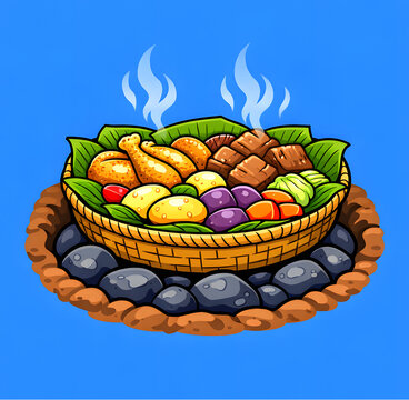 Illustration of Maori Hangi Traditional Food Cooked with Heated Stones