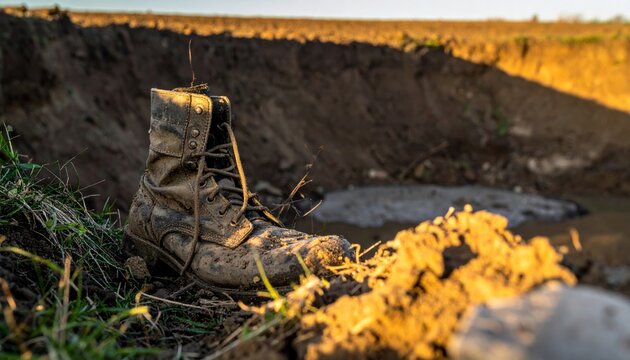 Abandoned Military Boot Caked in Mud Beside a Crater