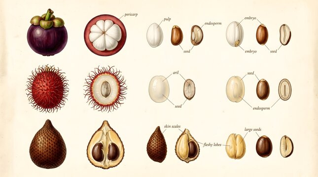 Scientific botanical illustration of tropical fruits mangosteen rambutan salak in cross-section and detail study on cream background, 19th century natural history art style