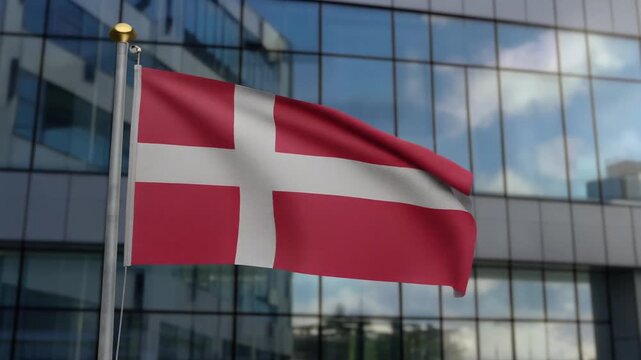 AI-generated cinematic video of the Danish national flag (Dannebrog) fluttering proudly, showing its white Nordic cross on a red field against an office building.