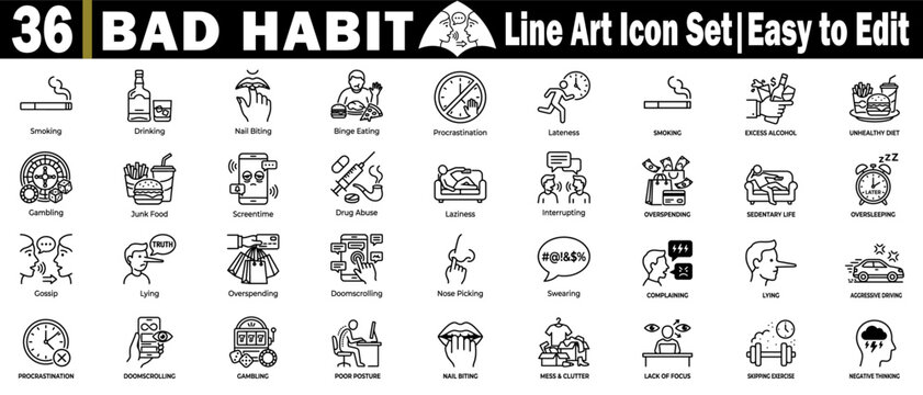 Bad habit line art icon set. easy to edit. line style design.