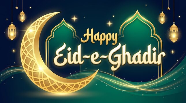Happy eideghadir greeting card with golden crescent moon and lanterns on a dark green background