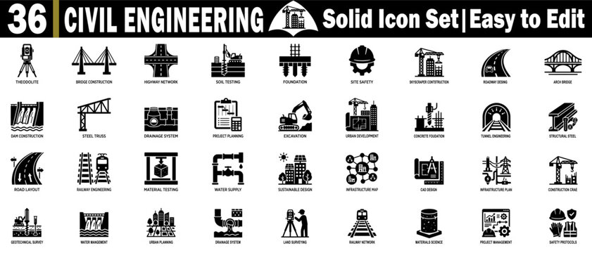 Civil engineering solid icon set. easy to edit. glyph style design.
