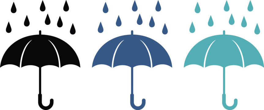 Umbrella, icon set with rain drops vector illustration for weather protection and rainy season concept design.