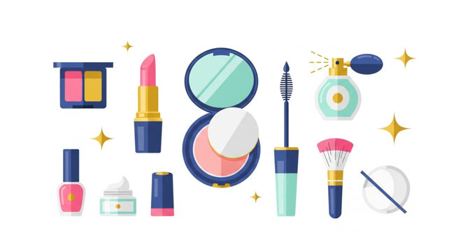 Collection of colorful makeup and beauty products arranged neatly.