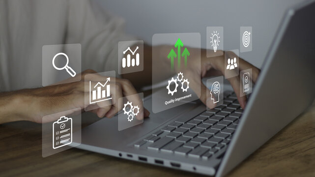 Quality and process improvement concept on laptop with icons for analysis, data, gears, and innovation to optimize business workflow and digital transformation through modern technology