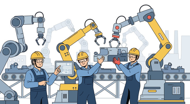 Factory workers and robotic arms assembling products on a modern production line.