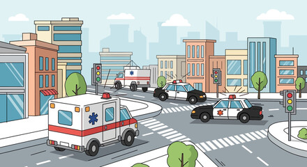 Emergency vehicles on city street, ambulance and police cars responding to call © Bakul