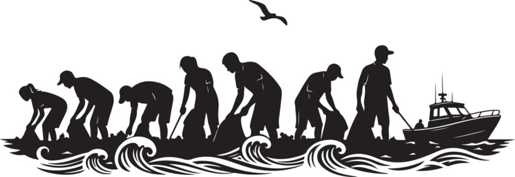 Black silhouette of men fishing from a boat with waves