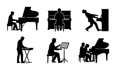 Piano Player Silhouettes: Grand, Upright, Keyboard Musicians Performing, 6 Vector Icons Set © Anika