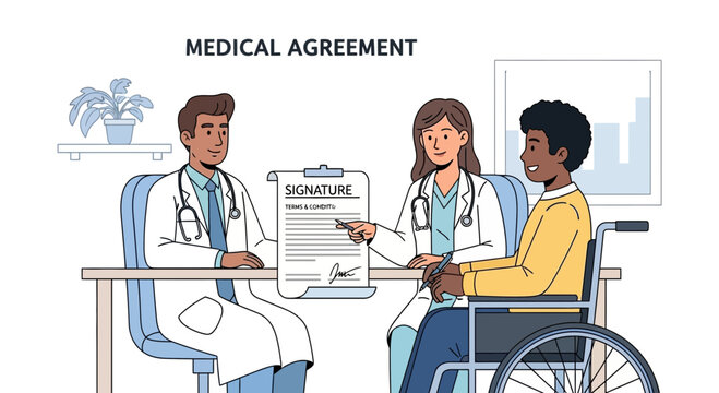 Doctor and patient signing medical agreement in wheelchair, healthcare concept