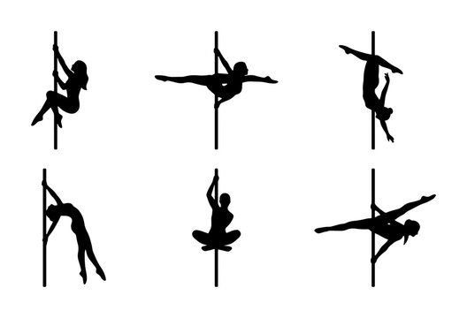 Pole Dance Silhouettes, Athletic Poses, Fitness Routine, Vertical Pole Dancing Vector Set, Graceful Movement, Strength Training