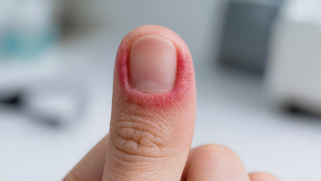 Close up of paronychia thumb infection on Asian man for medical education