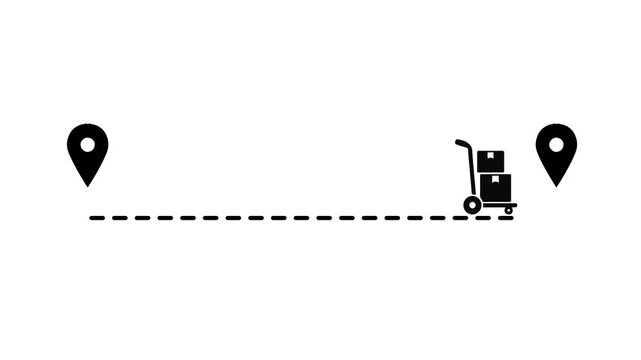 Forklift moving between location pins on dotted route line 4K animation