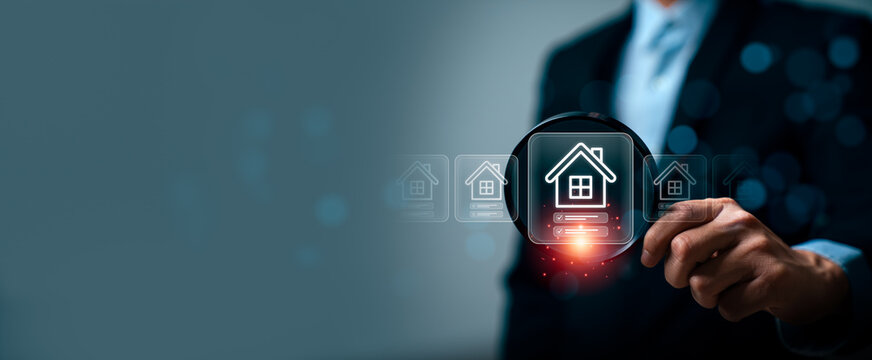 Business professional using magnifying glass to inspect digital house icon with checklist interface representing real estate verification property evaluation and smart home investment decision